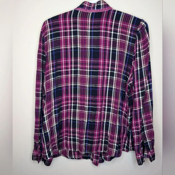 Chico's Purple Navy Ruffled Plaid Button Down Blouse Size 2 - Large Womens - Picture 3 of 11
